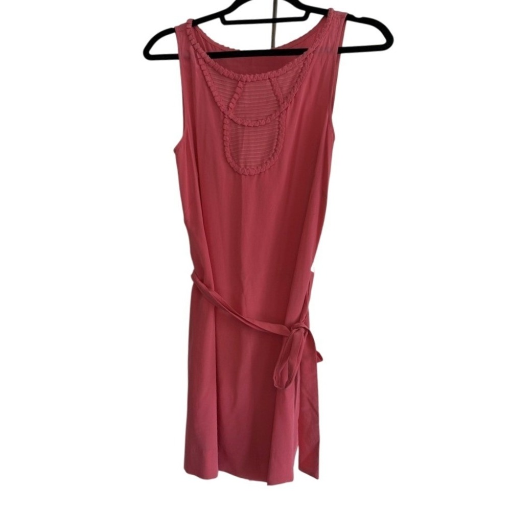 BCBGMaxAzria Sleeveless Coral Pink Shift Dress with Pleated Bib Neckline Tie